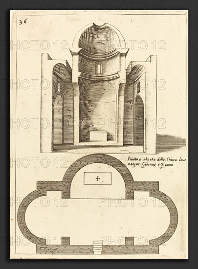 Jacques Callot (French, 1592 - 1635), Plan and Elevation of the Church of Saints James and John, 1619, etching and engraving on laid paper [restrike]