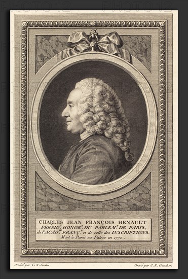 Charles-Etienne Gaucher after Charles-Nicolas Cochin II (French, 1741 - 1804), Charles Jean Francois Henault, engraving and etching on laid paper