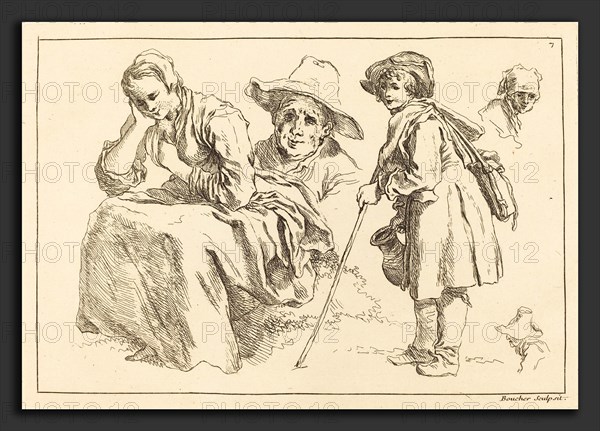 FranÃ§ois Boucher after Abraham Bloemaert (French, 1703 - 1770), Figure Studies including  Standing Boy Holding a Pitcher, published 1735, etching on laid paper