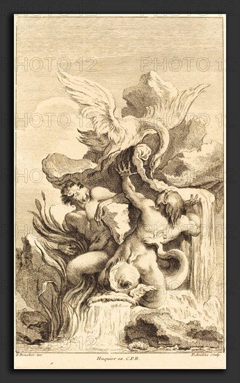 Pierre-Alexandre Aveline after FranÃ§ois Boucher (French, probably 1702 - 1760), Two Tritons and a Swan, in or after 1736, etching