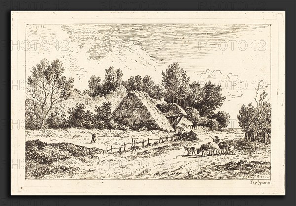 Nicolas Pérignon (French, 1726 - 1782), A Low Cottage with a Herdsman Leading His Flock, 1771, etching on laid paper