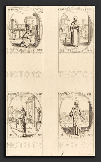 Jacques Callot (French, 1592 - 1635), Sts. Simon and Jude, Apostles;  St. Narcissus; St. Marcellus; St. Quintin, etching