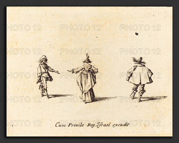 Jacques Callot (French, 1592 - 1635), Lady with Outstretched Arm,  Seen from Behind, and Two Gentlemen, probably 1634, etching