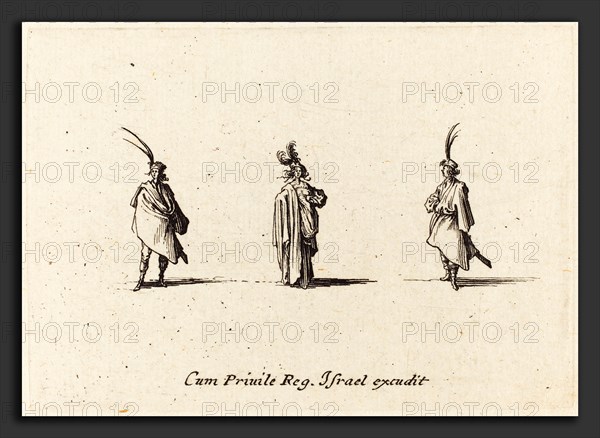 Jacques Callot (French, 1592 - 1635), Lady in Long Cloak, and Two Gentlemen, probably 1634, etching