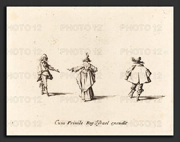 Jacques Callot (French, 1592 - 1635), Lady with Outstretched Arm,  Seen from Behind, and Two Gentlemen, probably 1634, etching