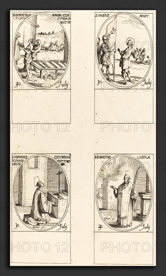 Jacques Callot (French, 1592 - 1635), Sts. Donatilla, Maxima & Secunda; St. Fabius; St. John Colombini; St. Ignatius Loyola, etching