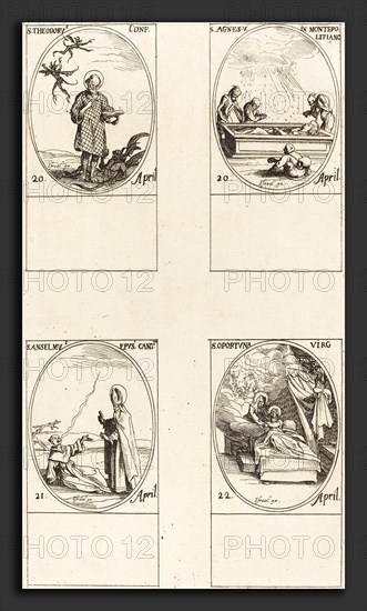 Jacques Callot (French, 1592 - 1635), St. Theodorus; St. Agnes of Monte Pulciano; St. Anselme, Archbishop of Canterbury; St, etching