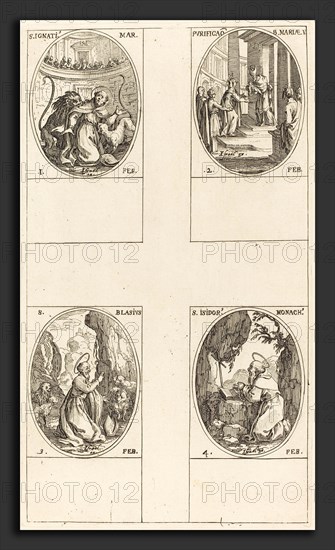 Jacques Callot (French, 1592 - 1635), St. Ignatius; Purification of the Virgin;  St. Blaise; St. Isidore, etching