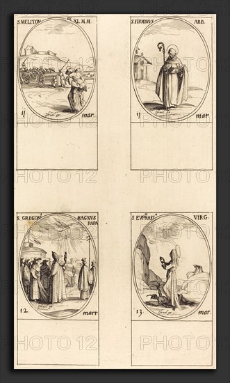 Jacques Callot (French, 1592 - 1635), St. Meliton; St. Firminus; St. Gregory the Great; St. Euphrasia, etching