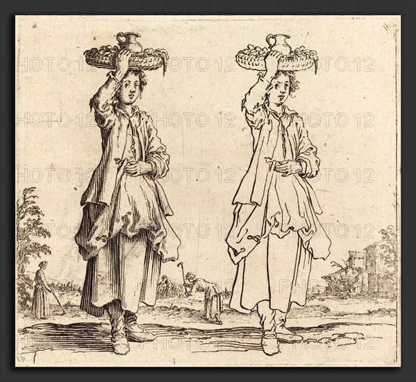 Jacques Callot (French, 1592 - 1635), Peasant Woman with Basket on Head, Front View, 1617 and 1621, etching