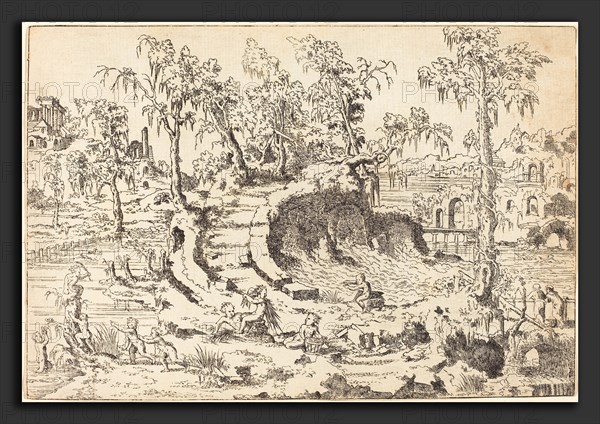 Jean Cousin the Younger (French, c. 1522 - c. 1594), Putti Playing in a Fanciful Landscape, etching on laid paper