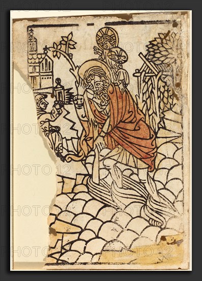 French 15th Century, Saint Christopher [recto], c. 1450-1470, woodcut, hand-colored in brown and yellow