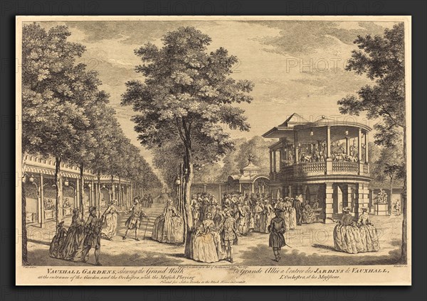 Johann Sebastian MÃ¼ller after Samuel Wale (German, 1715 - 1785 or after), Vauxhall Gardens shewing the Grand Walk at the Entrance of the Garden and the Orchestra with Musick Playing, 1751, etching and engraving