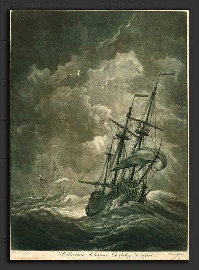 Elisha Kirkall after Willem van de Velde the Elder (English, c. 1682 - 1742), Shipping Scene from the Collection of John Chicheley, 1720s, mezzotint and etching printed in green and black on laid paper