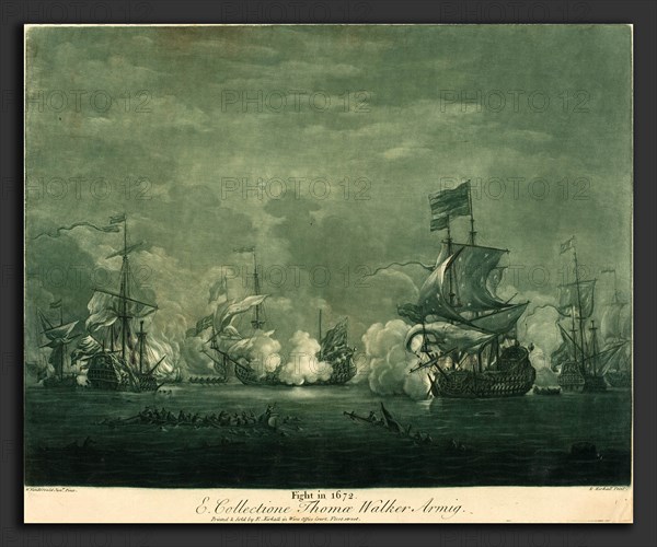 Elisha Kirkall after Willem van de Velde the Younger (English, c. 1682 - 1742), Fight in 1672, 1720s, mezzotint and etching printed in green and black on laid paper