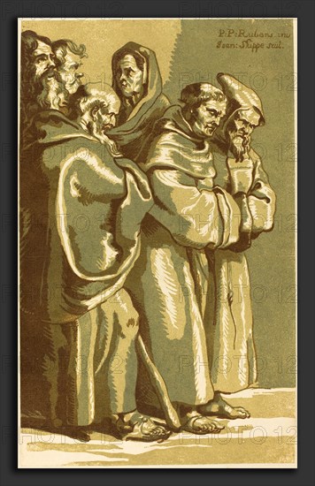 John Skippe after Sir Peter Paul Rubens (British, 1742 - 1812), A Group of Monks and a Woman, 1780s, chiaroscuro woodcut printed from 4 blocks in green, olive, gray-brown, and brown