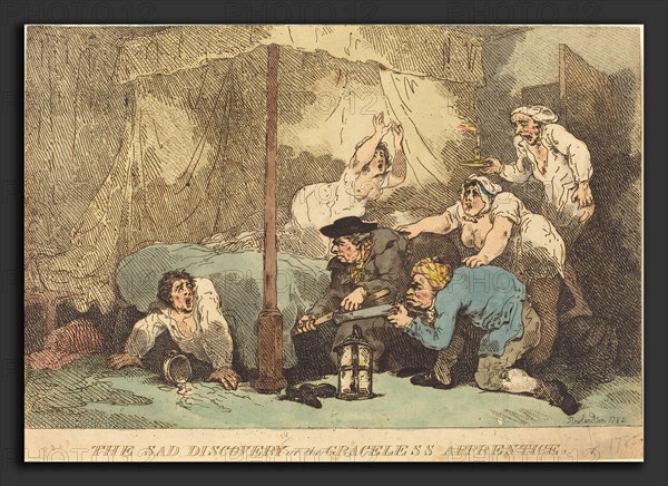 Thomas Rowlandson (British, 1756 - 1827), The Sad Discovery, or The Graceless Apprentice, 1785, hand-colored etching