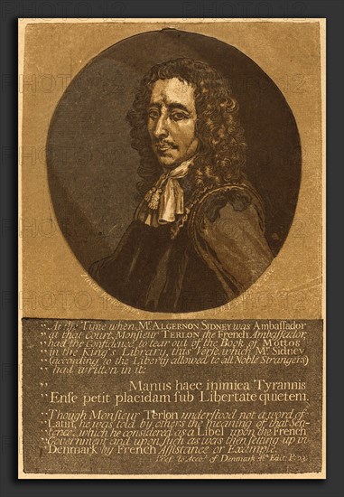 John Baptist Jackson after Justus van Verus (English, 1701 - c. 1780), Algernon Sidney, chiaroscuro woodcut in tan, light brown, light gray, and dark gray