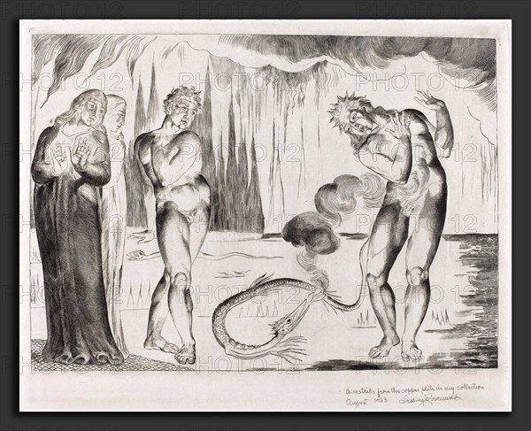 William Blake (British, 1757 - 1827), The Circle of the Thieves; Buoso Donati Attacked by the Serpent, 1827