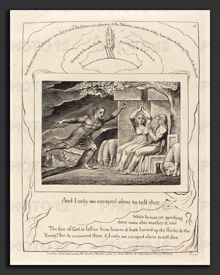 William Blake (British, 1757 - 1827), The Messengers Tell Job of His Misfortunes, 1825, engraving on India paper