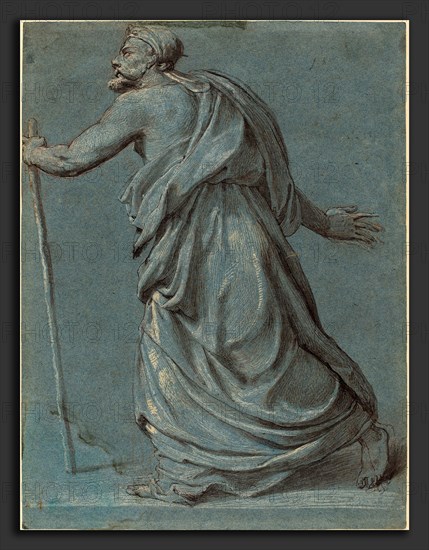 Girolamo Siciolante (Italian, 1521 - c. 1580), Study of a Man Walking towards the Left Holding a Staff, pen and brown ink and brown wash heightened with white over red chalk on blue paper