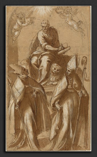 Attributed to Jacopo Palma il Giovane (Italian, 1544 or 1548 - 1628), Saint Mark with Two Bishops and Putti, c. 1580, pen and brown ink with brown wash, heightened with white, over black chalk on light brown (formerly blue) laid paper