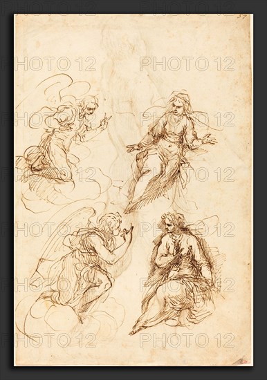 Jacopo Palma il Giovane (Italian, 1544 or 1548 - 1628), Studies for an Annunciation [recto], pen and brown ink on laid paper