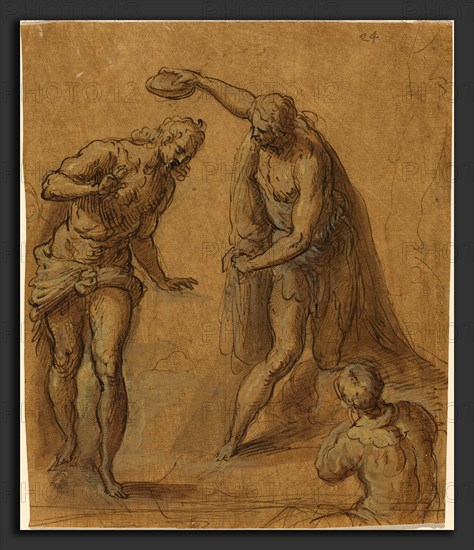 Jacopo Palma il Giovane (Italian, 1544 or 1548 - 1628), Sketch for a Baptism of Christ, pen and brown ink with brown wash  (heightened with white?) on brown washed laid paper