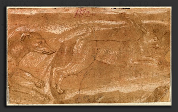 Benozzo Gozzoli (Italian, c. 1421 - 1497), A Hound Chasing a Hare, c. 1455, pen and brown ink with traces of red chalk, heightened with white on pink prepared paper