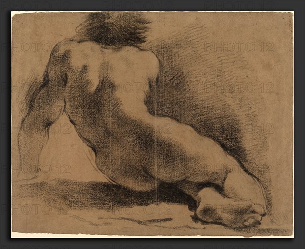 Giovanni Francesco Barbieri, called Guercino (Italian, 1591 - 1666), Seated Nude Boy Seen from the Back, pen and black ink and black chalk on brown laid paper