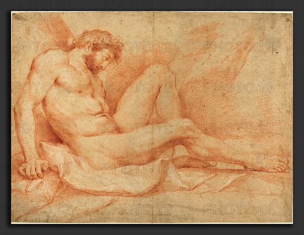 Andrea Sacchi (Italian, 1599 - 1661), Academic Nude Study of a Seated Male, red chalk heightened with white