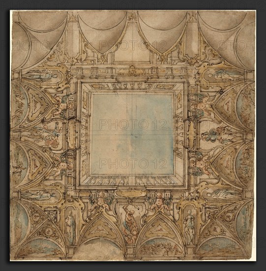 Lazzaro Tavarone (Italian, 1556 - 1641), A Ceiling Decoration with Landscapes and Battles, c. 1620, pen, brown ink, watercolor and black chalk on laid paper