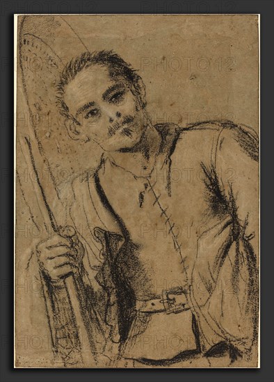 Giovanni Francesco Barbieri, called Guercino (Italian, 1591 - 1666), A Grain Merchant, c. 1620, black chalk heightened with white on laid paper prepared with brown wash