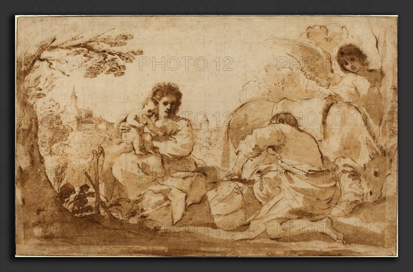 Giovanni Francesco Barbieri, called Guercino (Italian, 1591 - 1666), The Rest on the Flight into Egypt, c. 1626, pen and brown ink with brown wash, squared with black chalk, on laid paper