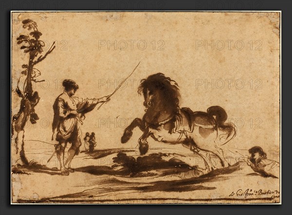 Giovanni Francesco Barbieri, called Guercino (Italian, 1591 - 1666), Landscape with the Taming of a Horse, 1620-1630, pen and brown ink (iron gall) with brown wash on laid paper