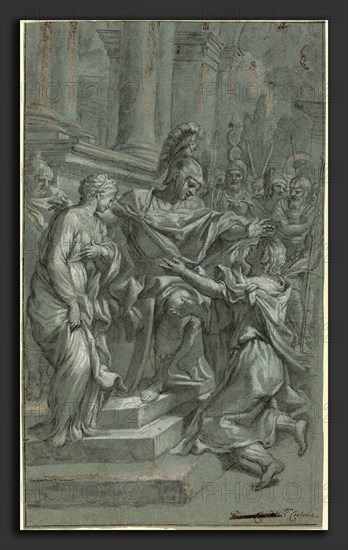 Italian 17th Century, Scipio Restoring His Captive to Her Lover, 17th century, black chalk with black wash and white heightening on green-blue paper