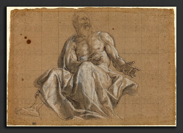 Roman 18th Century, An Elderly Man in Classical Drapery, 18th century, black and white chalk with stumping on oatmeal paper, squared for transfer