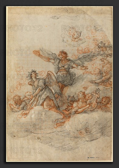Federico Zuccaro (Italian, 1542-1543 - 1609), Angels and Putti in the Clouds, 1566, red and black chalk, incised with stylus, on laid paper squared with red chalk