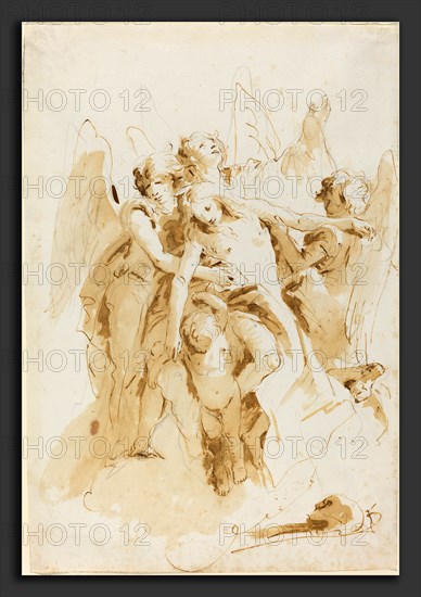 Giovanni Battista Tiepolo (Italian, 1696 - 1770), Saint Mary Magdalene Lifted by Angels, c. 1740, pen and brown ink with brown wash over black chalk on laid paper