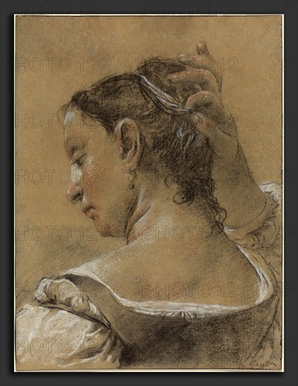 Domenico Maggiotto (Italian, 1713 - 1794), A Young Woman Fixing Her Hair, c. 1745, black, white, and red chalks on light brown laid paper