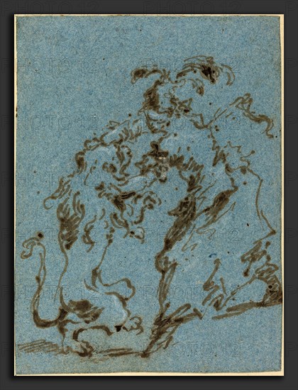 Francesco Guardi (Italian, 1712 - 1793), An Elegantly Dressed Woman Struggling with a Lion, 1782, pen and brown ink with white heightening on blue laid paper