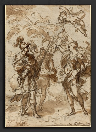 Antonio Balestra (Italian, 1666 - 1740), Venus Appearing to Aeneas, 1713, pen and brown ink with brown wash over black  chalk on laid paper