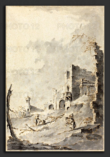 Giacomo Guardi (Italian, 1764 - 1835), Capriccio of Classical Ruins with a Fortress, pen and brown ink with gray wash on laid paper