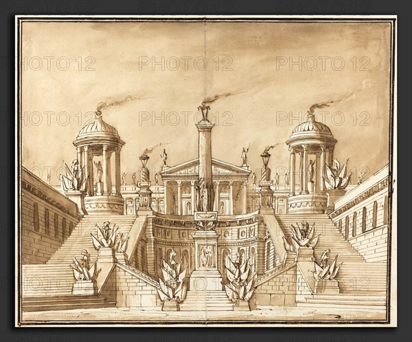 Pietro Gonzaga (Italian, 1751 - 1831), Fantasy of an Ancient Capitol with Trophies and Grand Staircases, c. 1800, pen and brown ink with brown wash on laid paper