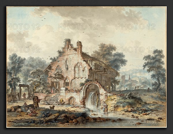 Hendrik de Meyer II (Netherlandish, 1744 - 1793), Rustic Watermill in a Gothic Ruin, 1778, pen and black ink with watercolor over black chalk on laid paper