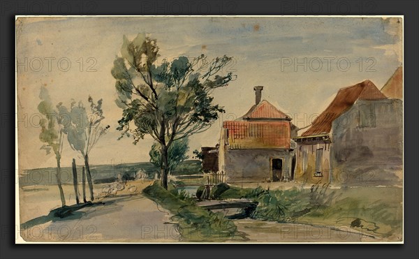 Johan Barthold Jongkind (Dutch, 1819 - 1891), A Stream Running between Houses and a Road, watercolor over graphite