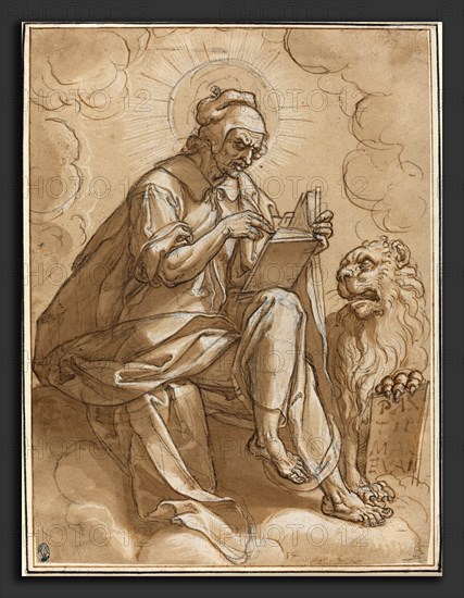 Peter Candid after Heinrich Aldegrever after Georg Pencz (Flemish, c. 1548 - 1628), Saint Mark the Evangelist, c. 1600, pen and brown ink and wash, heightened with white over black chalk on laid paper