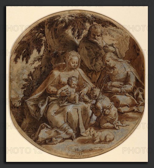 Hendrik Goltzius (Dutch, 1558 - 1617), The Holy Family with Saint Elizabeth and Saint John the Baptist, 1595, pen and brown ink, brown wash, and white heightening on brown laid paper; incised for transfer