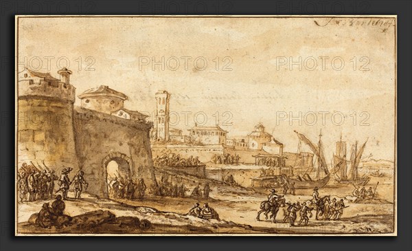 Jacob van der Ulft (Dutch, 1621 - 1689), A Coastal Scene with a Fortified Town, c. 1670, pen and brown ink with brown, gray, and yellow washes over graphite on laid paper