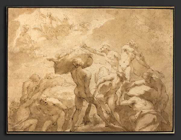Jan Luyken (Dutch, 1649 - 1712), Battle of the Gods and Giants from Mount Olympus and Mount Othrys, pen and brown ink with brown wash on laid paper
